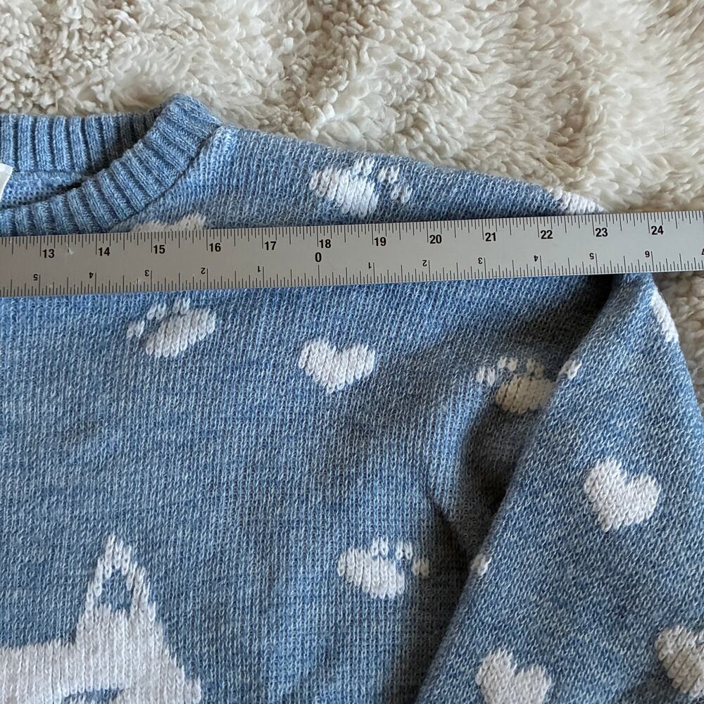 Vintage Sweater Womens Medium Blue/White Cat Paw & Heart Print Crewneck USA 90s - Picture 10 of 11